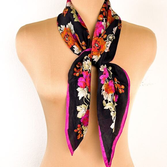 Scarf Womens Classy Fashion Pink Black Floral Chic Silky Polyester 30" Square - Picture 8 of 10
